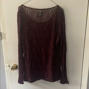 Lord & Taylor Red Lace Fitted Long Sleeve Blouse